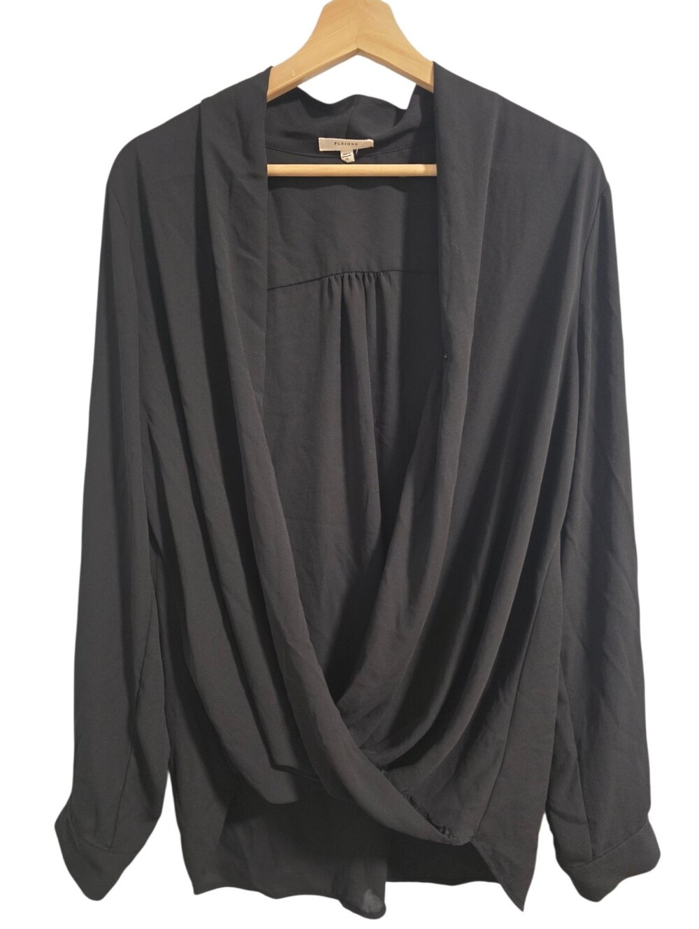 Pleione EUC Surplice Wrap Long Sleeve Formal Minimalist Blouse Black Size XL